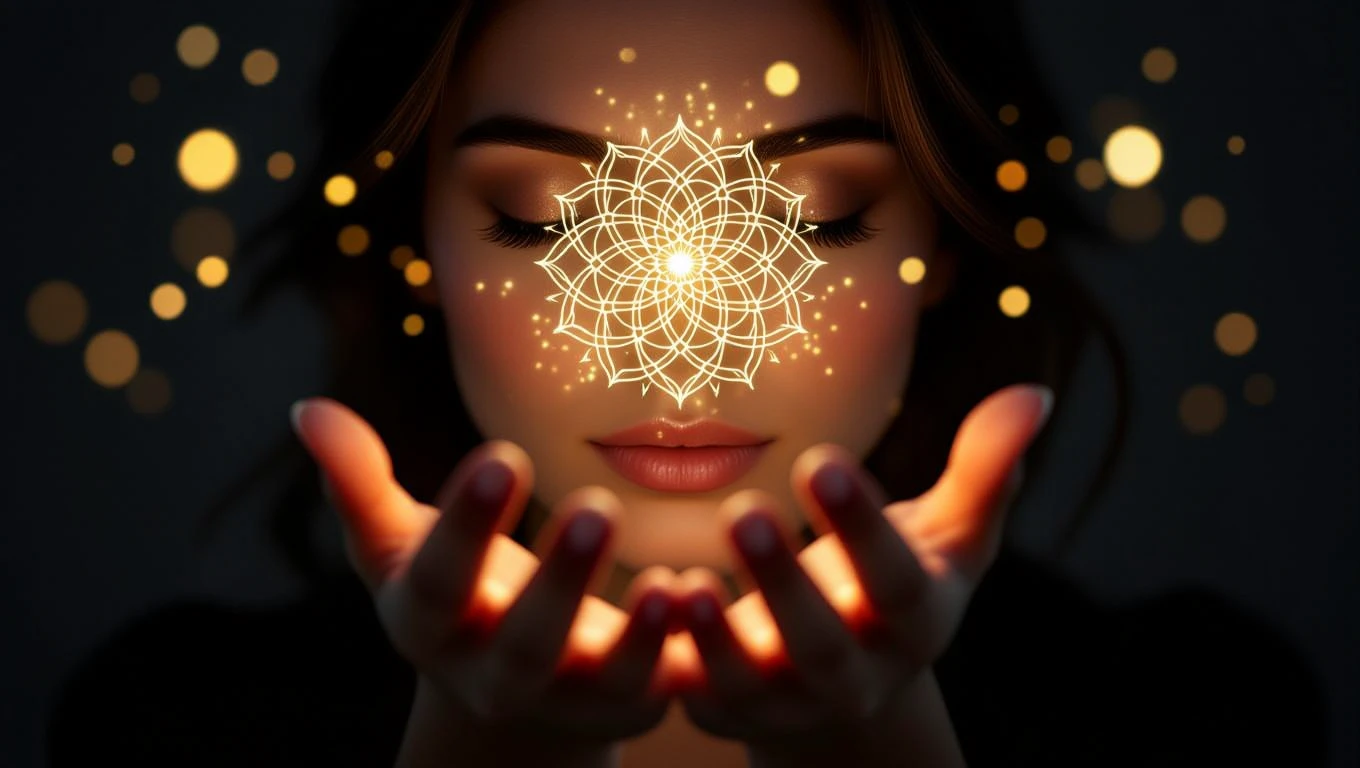 Mit jelent vaksággal álmodni? – Részletes álomfejtés és értelmezés Egy nő meditál, kezében fénylő energiát tart, szemei csukva, arca békés.