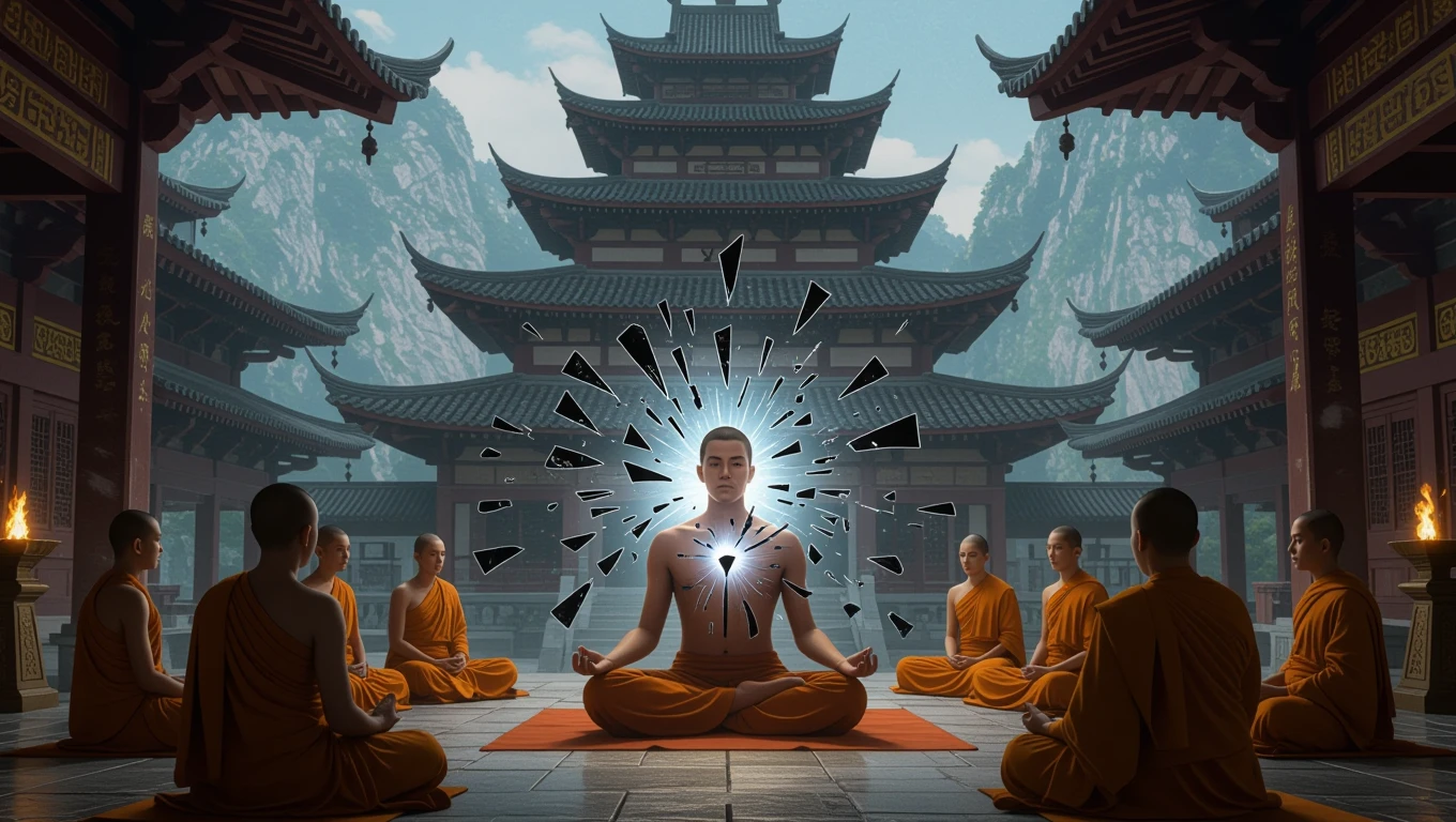 Mit jelent detoxról álmodni? - Részletes álomfejtés és értelmezés Egy meditáló férfi körül fény és energia áramlik, miközben szerzetesek figyelik.