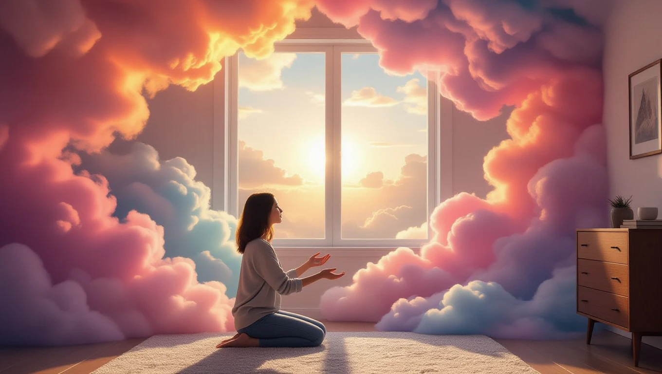Egy nő térdelve meditál egy színes felhőkkel körülvett ablak előtt.