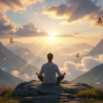 Egy férfi meditál a hegyek között, napfelkeltével és pillangókkal körülvéve.