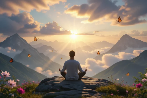 Egy férfi meditál a hegyek között, napfelkeltével és pillangókkal körülvéve.