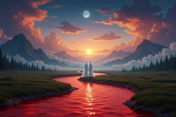 Két alak áll a vörös folyó mellett, háttérben hegyek és naplemente.