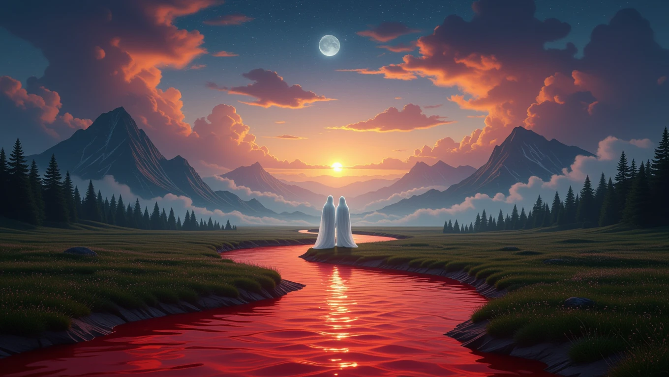 Mit jelent menstruációról álmodni? – Részletes álomfejtés és értelmezés Két alak áll a vörös folyó mellett, háttérben hegyek és naplemente.