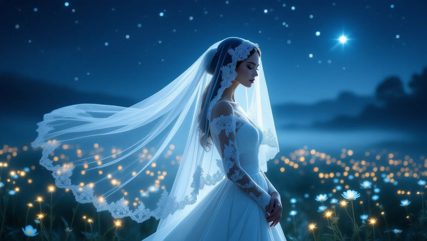 Mit jelent menyasszonyi fátyol az álomban? - Online álomfejtés és értelmezés Egy menyasszony fátyollal, csillagos ég alatt, virágos mezőn áll.