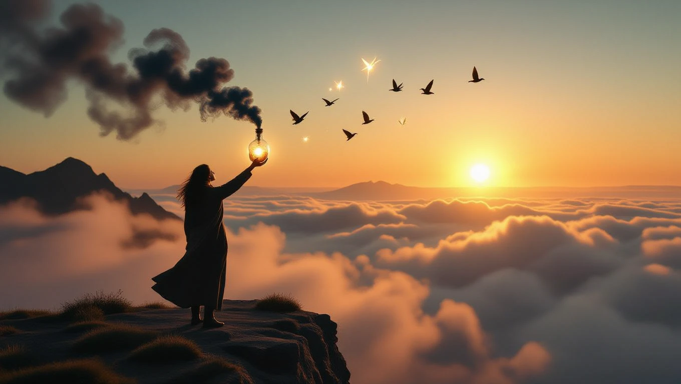 Egy nő áll a hegycsúcson, kezében mérgező üveg, mögötte naplemente és madarak repülnek.
