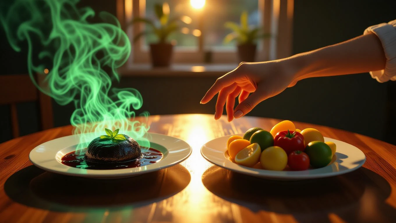 Egy kéz a mérgező étel és az egészséges gyümölcsök között választ.