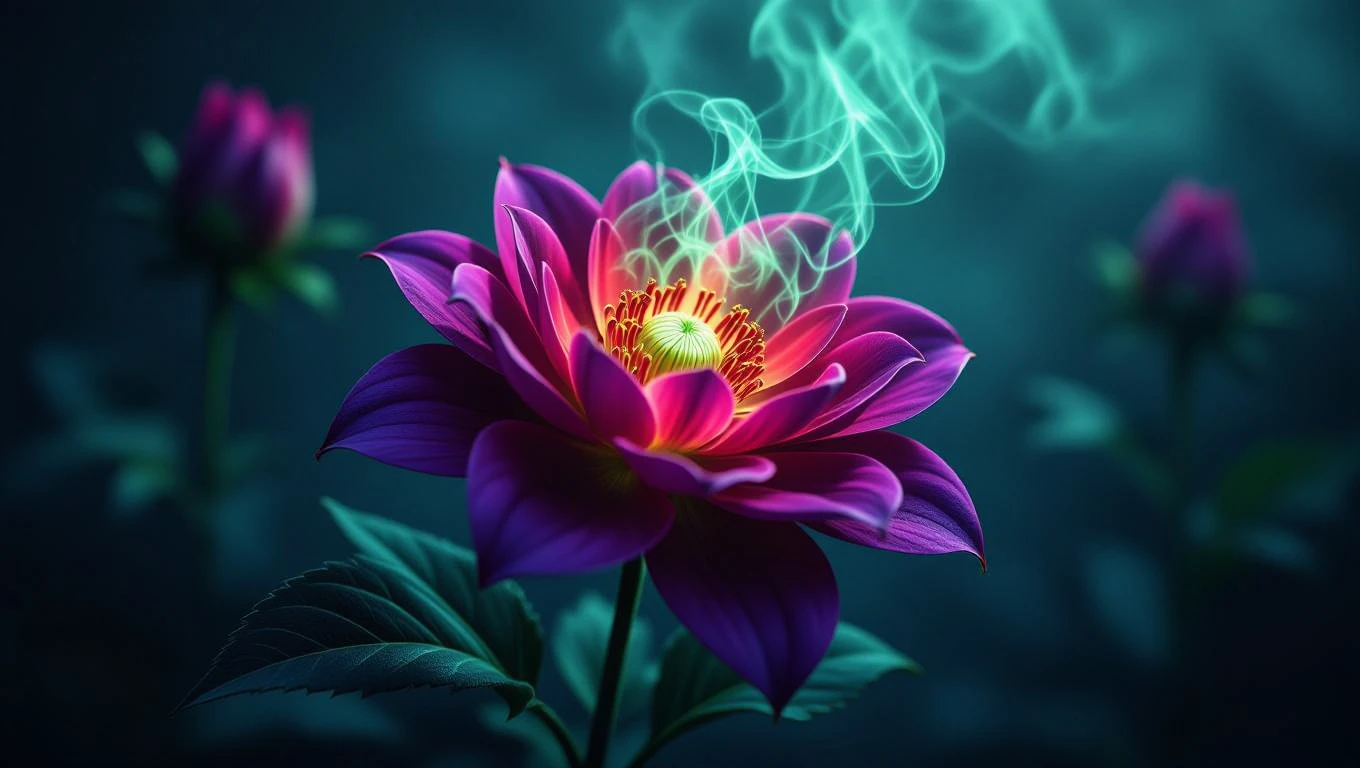 Egy színes, mérgező virág, amelyből zöld füst száll fel, álomszerű háttérrel.