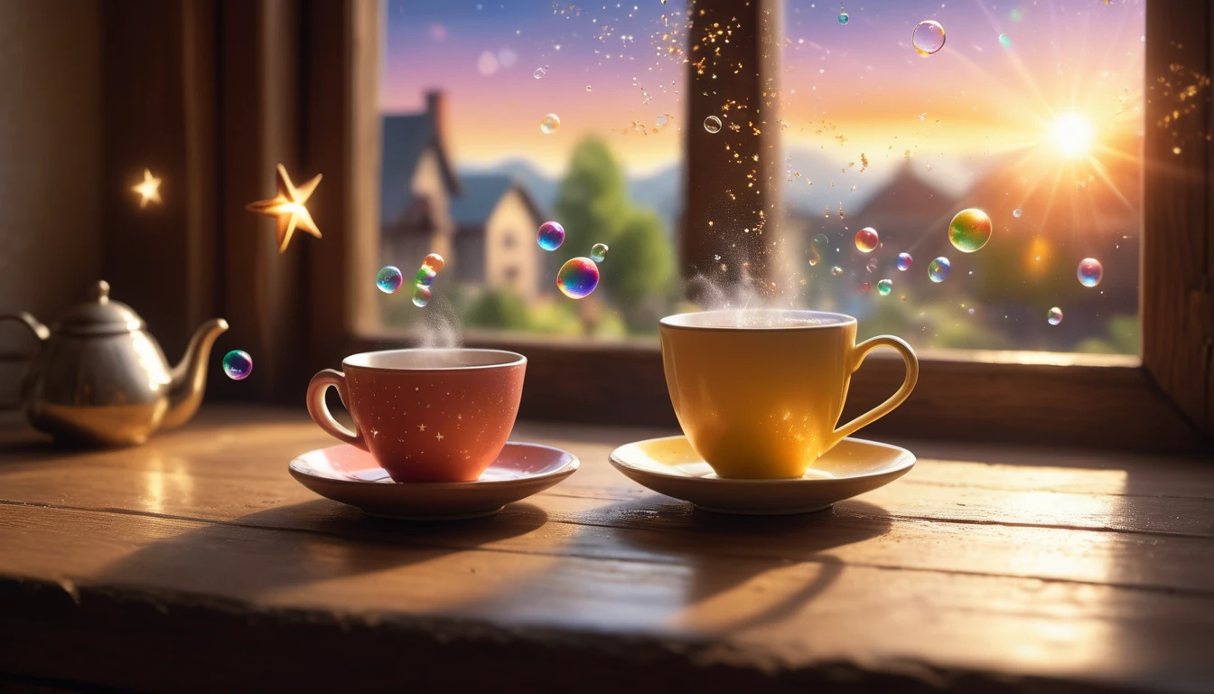 Mit jelent a mindennapi élet csodáiról álmodni? - Álomfejtés és értelmezés Két gőzölgő csésze tea egy ablakpárkányon, színes buborékokkal és csillagokkal.