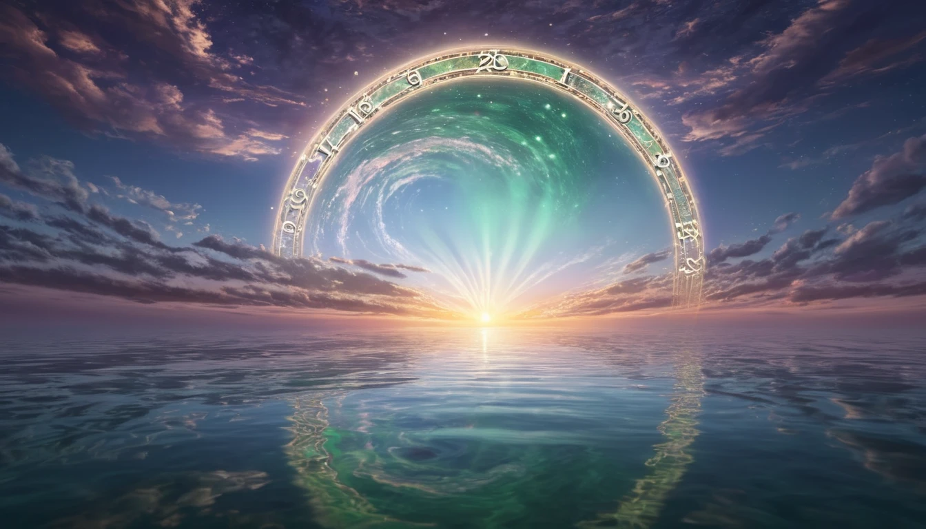 Mit jelent 33-as számmal álmodni? - Álomfejtés és értelmezés Egy misztikus óra, amely a víz felett lebeg, színes fényekkel és számokkal.
