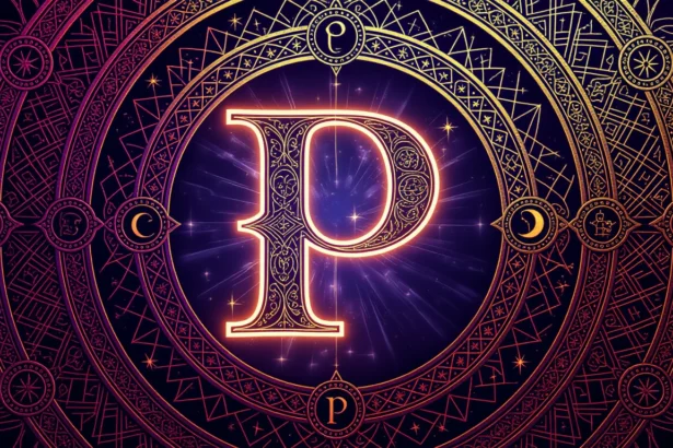Egy díszes, arany színű 'P' betű, misztikus szimbólumokkal körülvéve.