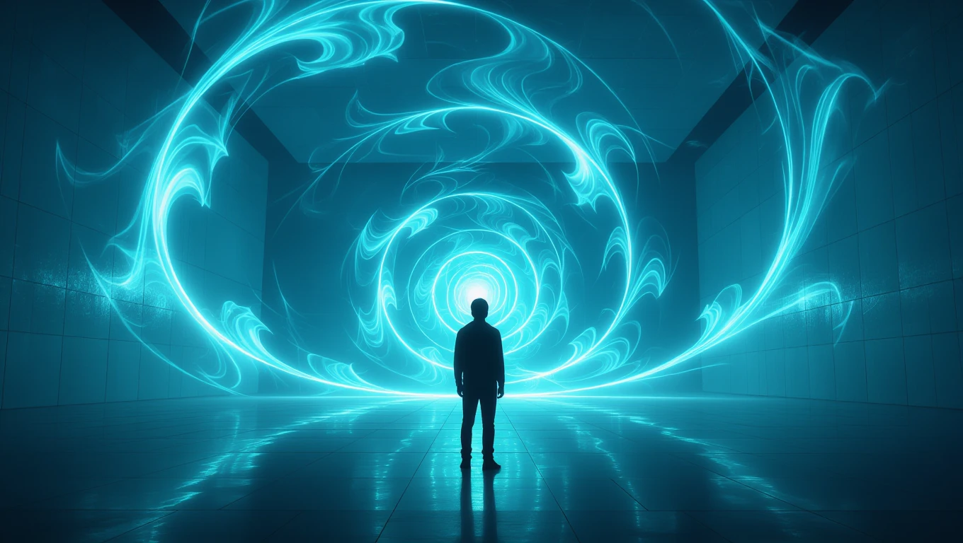 Mit jelent morgásról álmodni? - Részletes álomfejtés és értelmezés Egy ember áll egy kék fényekkel teli térben, amely álomszerű hatást kelt.