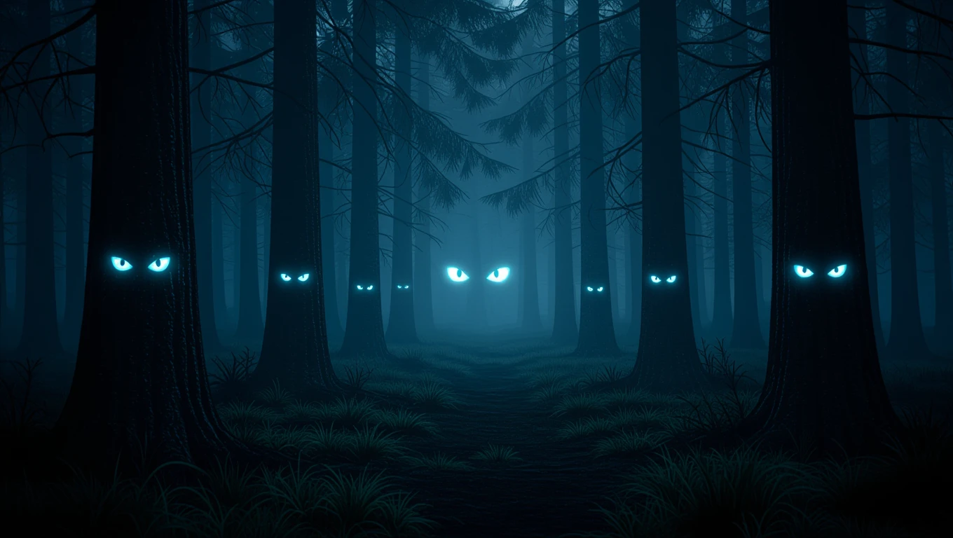 Mit jelent morgásról álmodni? - Részletes álomfejtés és értelmezés Sötét erdő, ahol kék fényű szemek figyelnek a fák között.