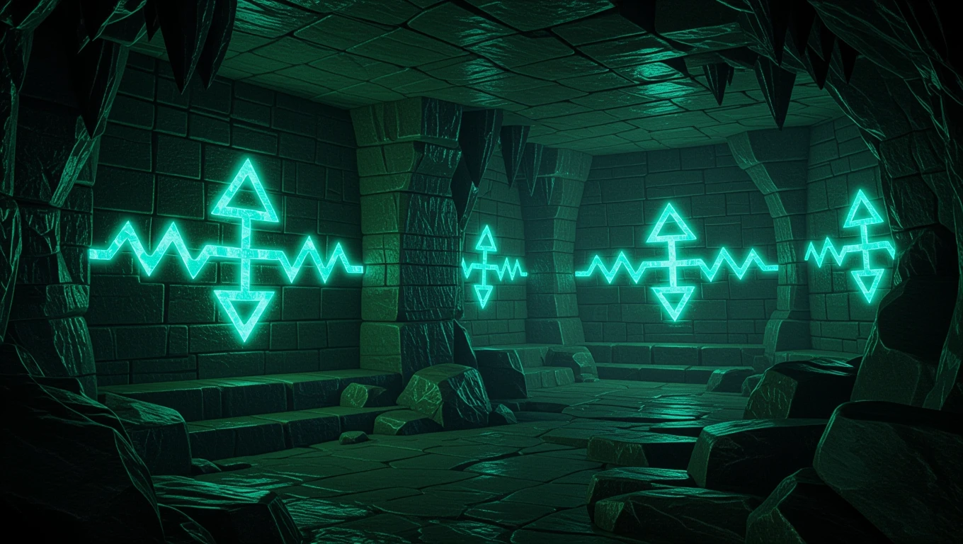 Mit jelent morgásról álmodni? - Részletes álomfejtés és értelmezés Sötét barlang belseje, zöld fényű szimbólumokkal a falakon.