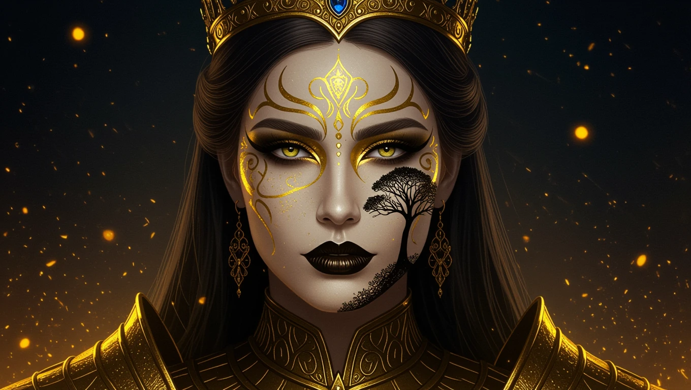 Egy női figura arca, arany díszítéssel és koronával, misztikus háttérrel.