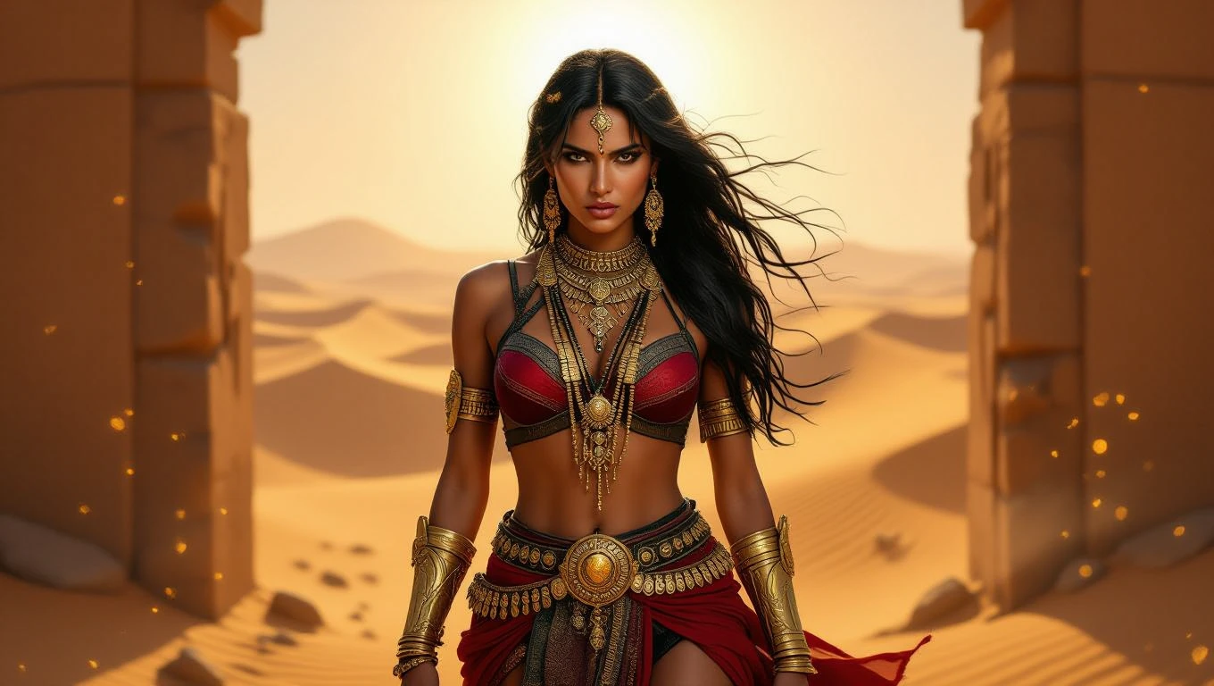 Egy női alak, arany ékszerekkel díszítve, sivatagi háttér előtt.