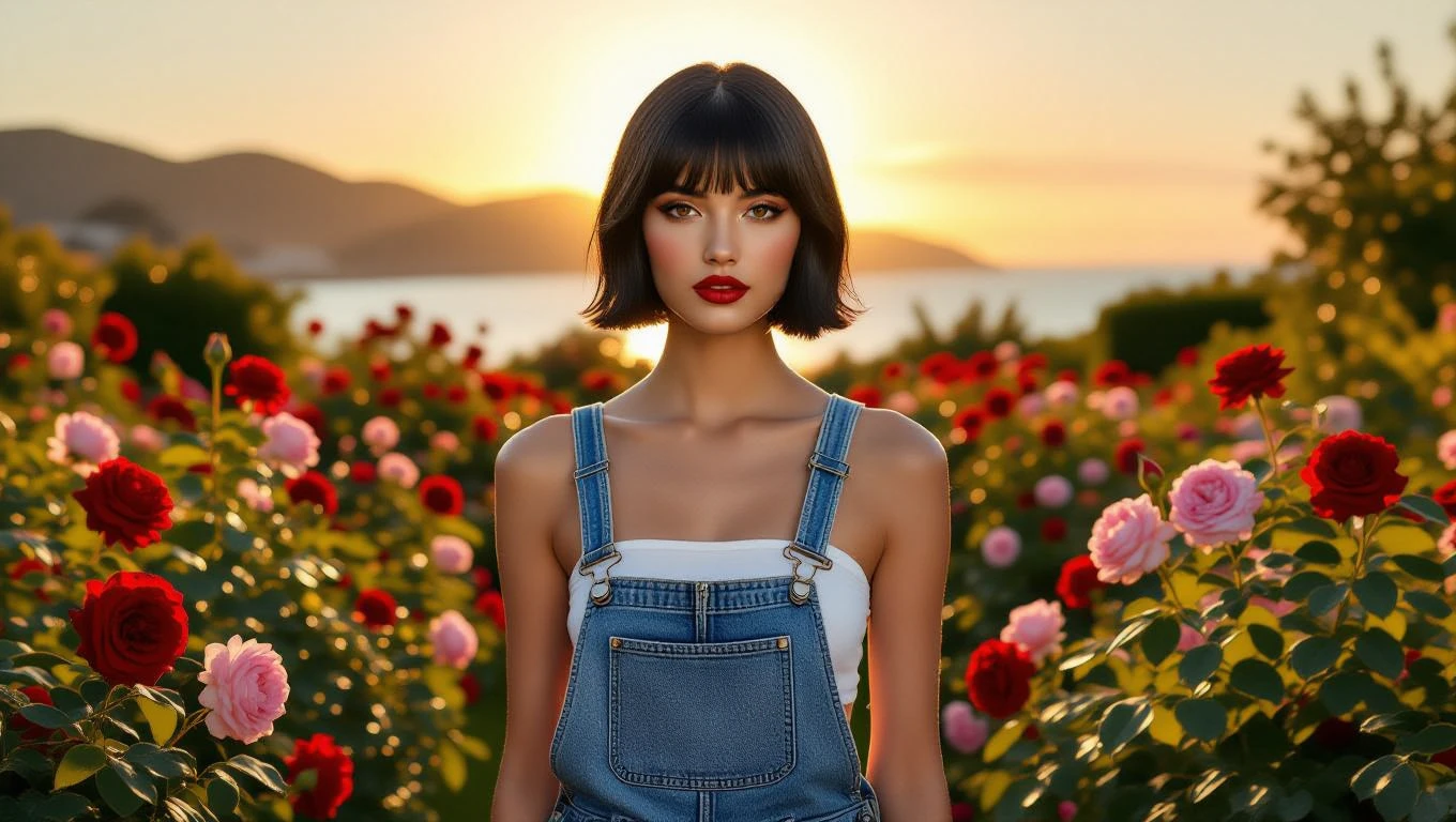 Egy fiatal nő áll rózsákkal teli kertben, naplementében.