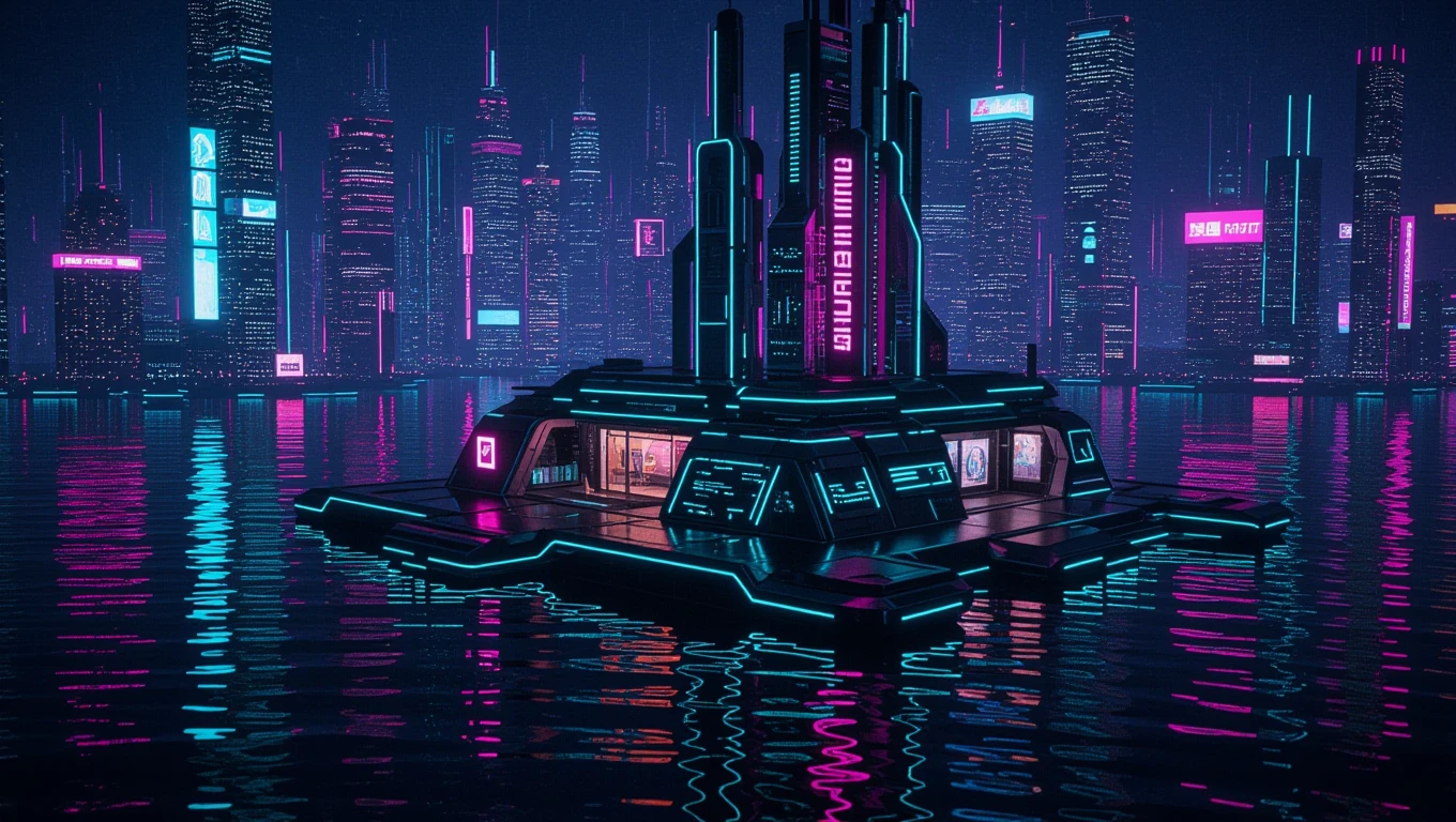 Futurisztikus épület áll egy óceánon, neonfényekkel megvilágítva.