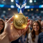 Egy kézben tartott olimpiai érem, háttérben boldog emberek.