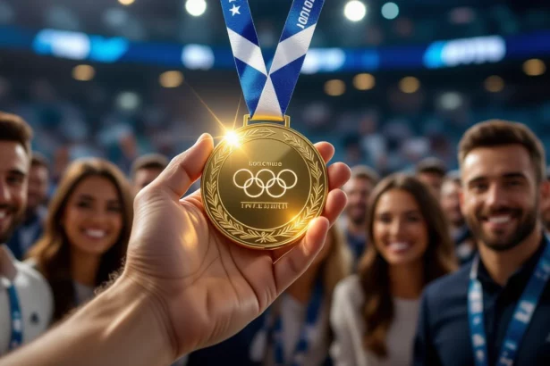 Egy kézben tartott olimpiai érem, háttérben boldog emberek.
