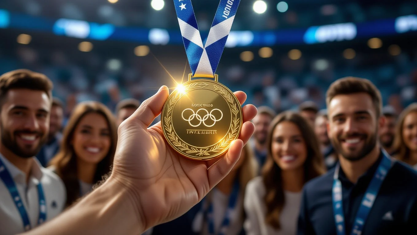 Egy kézben tartott olimpiai érem, háttérben boldog emberek.