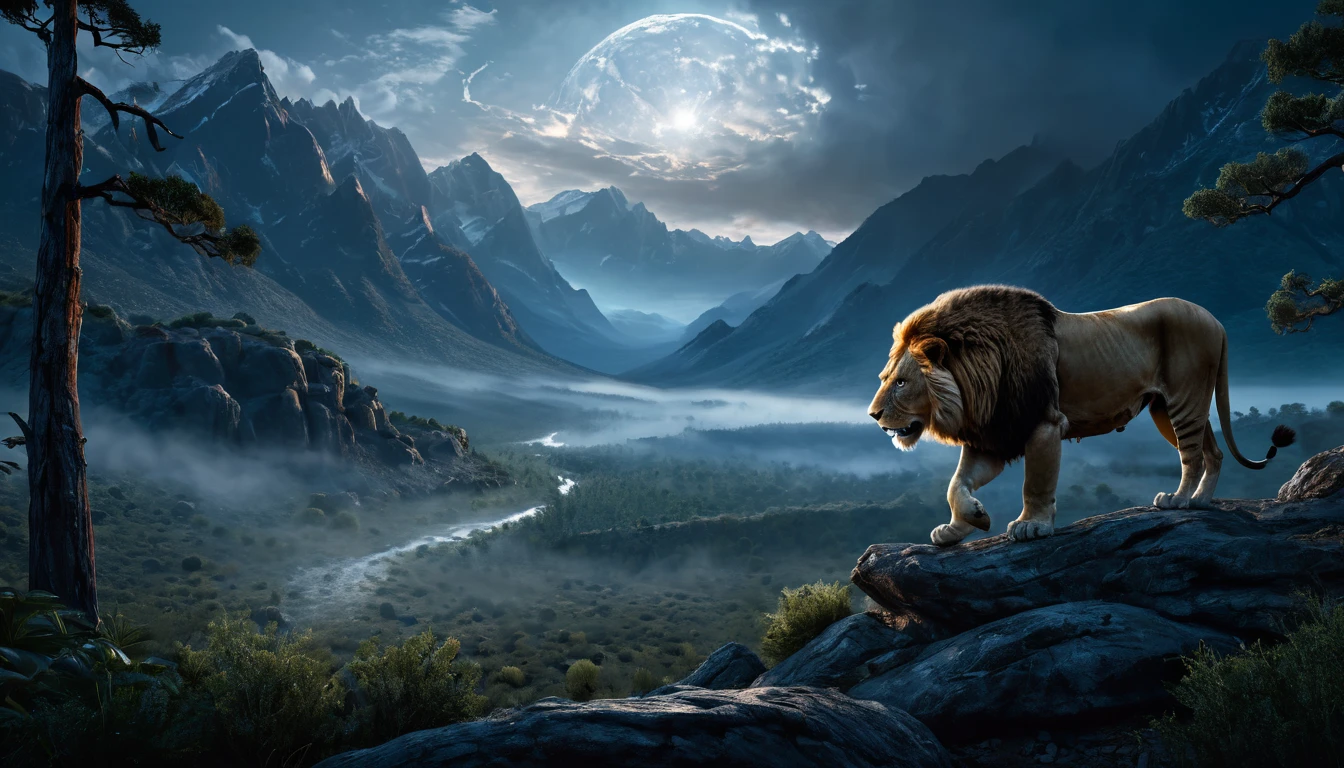 Egy oroszlán áll egy sziklás dombon, háttérben hegyek és holdfény.