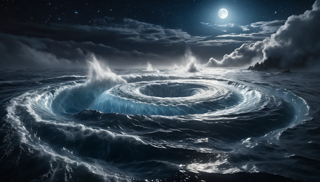 Sötét tengeren örvénylő víz, csillagokkal teli ég alatt.