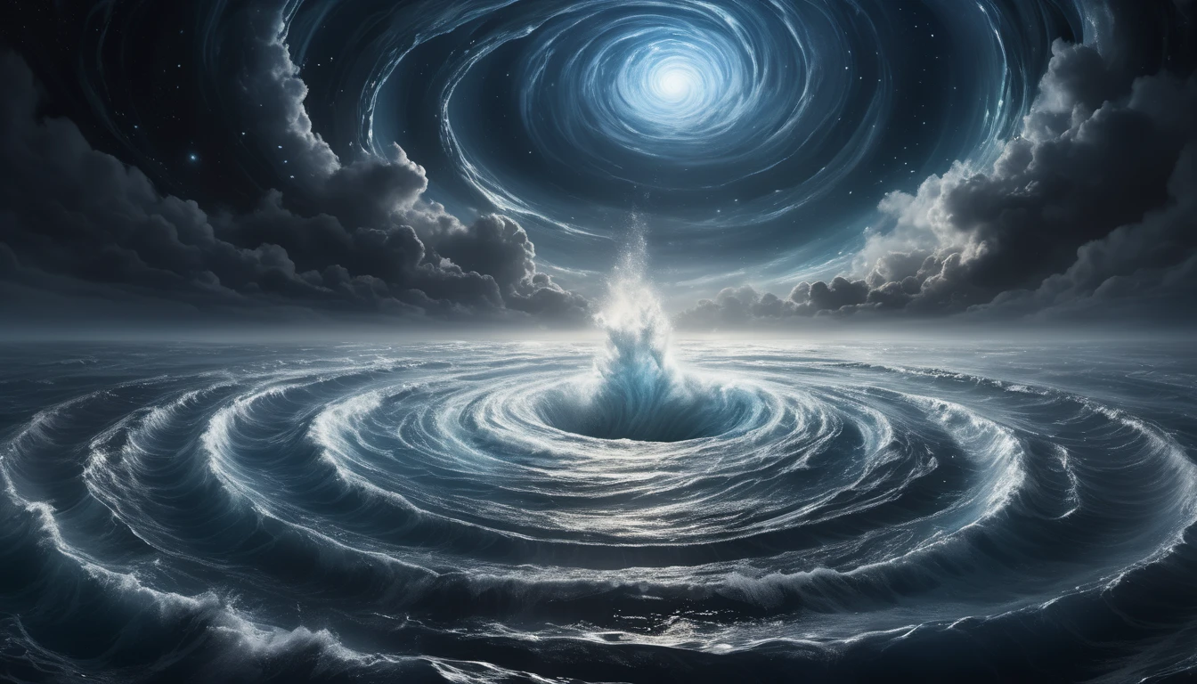 Sötét víz örvénylik a tengeren, felette csillagos égbolt és felhők láthatók.