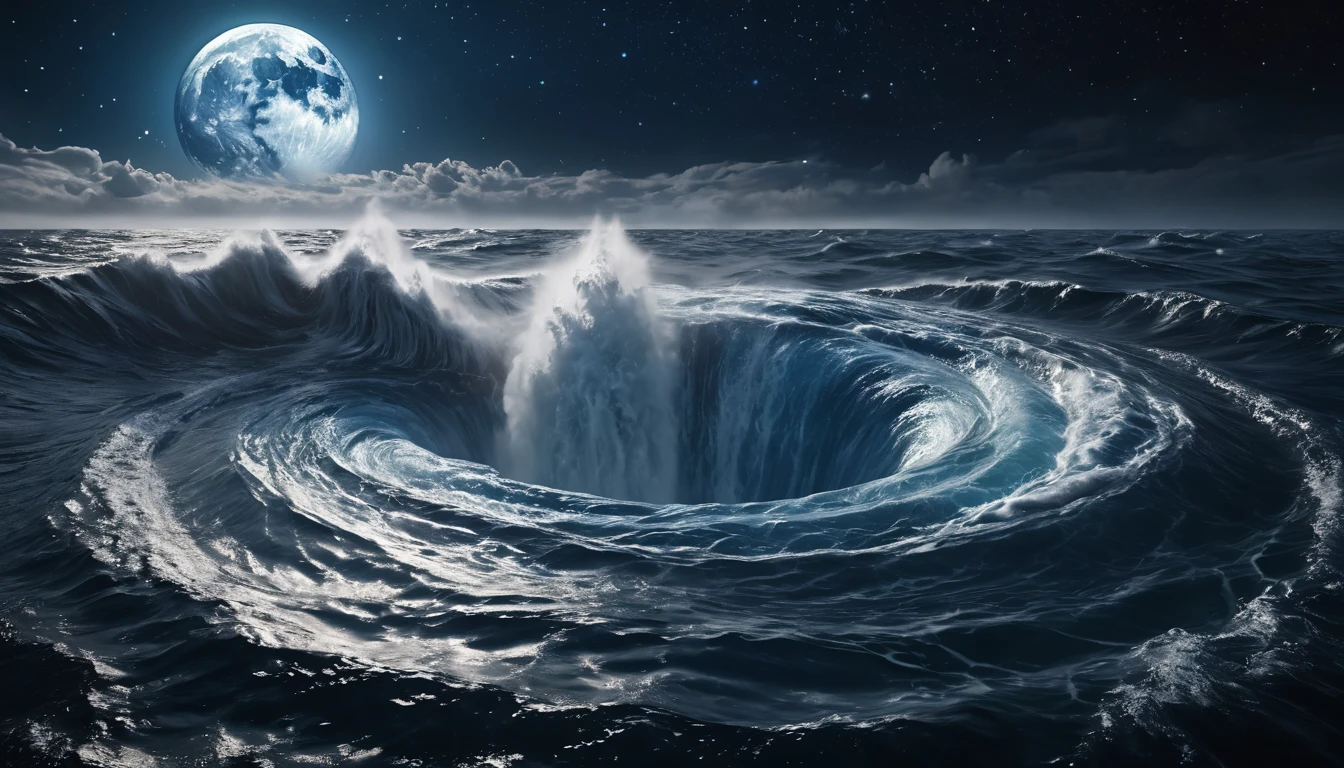 Egy hatalmas örvény a tengerben, a háttérben teliholddal és csillagokkal.