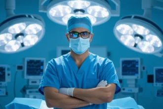 Mit jelent orvossal álmodni? – Részletes álomfejtés és értelmezés Egy orvos kék műtőruhában, maszkban és kesztyűben áll a műtőben.