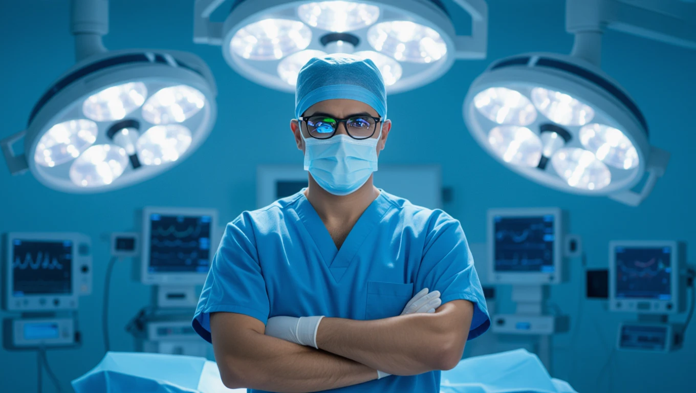 Mit jelent orvossal álmodni? – Részletes álomfejtés és értelmezés Egy orvos kék műtőruhában, maszkban és kesztyűben áll a műtőben.