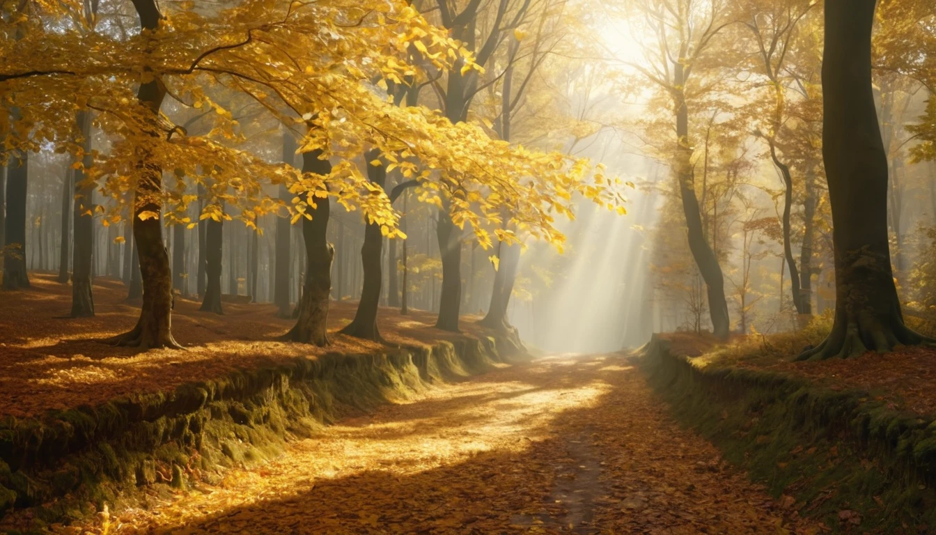 Mit jelent szeptemberrel álmodni? – Személyes álomfejtés és értelmezés Őszi erdő, sárga levelekkel borított ösvénnyel és napfényes háttérrel.