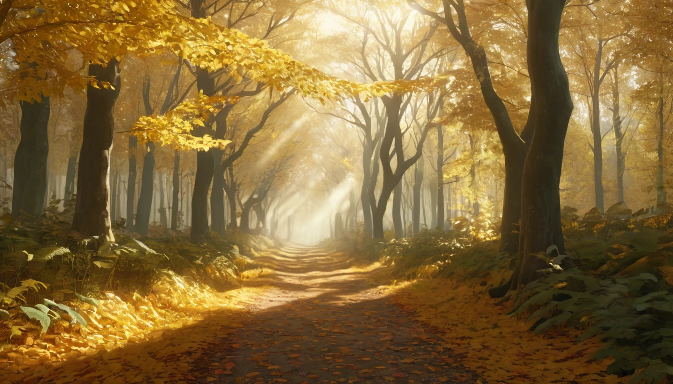 Mit jelent szeptemberrel álmodni? – Személyes álomfejtés és értelmezés Egy őszi erdő, sárga levelekkel borított ösvénnyel és napfényes háttérrel.