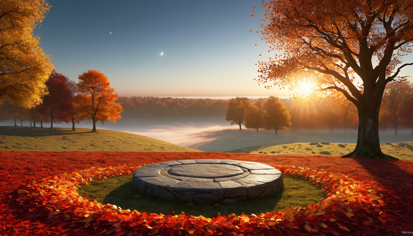 Mit jelent őszi tájról álmodni? - Online álomfejtés és értelmezés Őszi táj, színes falevelek és napfelkelte egy köves körrel a középpontban.