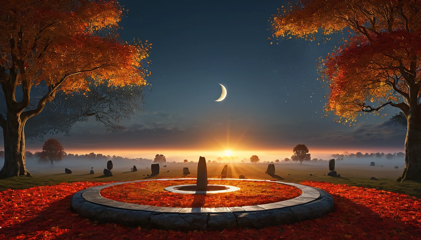 Mit jelent őszi tájról álmodni? - Online álomfejtés és értelmezés Őszi táj, színes falevelek, napfelkelte és hold a ködben.