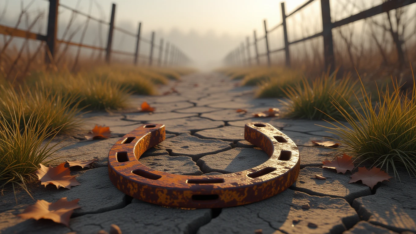 Rozsdás patkó fekszik egy repedezett úton, körülötte fű és falevelek.