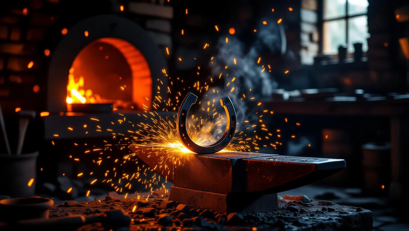 Patkó készítése egy kovácsműhelyben, szikrák repkednek a levegőben.