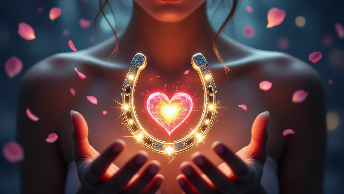 Egy női alak kezében egy fénylő patkó, amelyben szív látható, rózsaszín szirmokkal körülvéve.