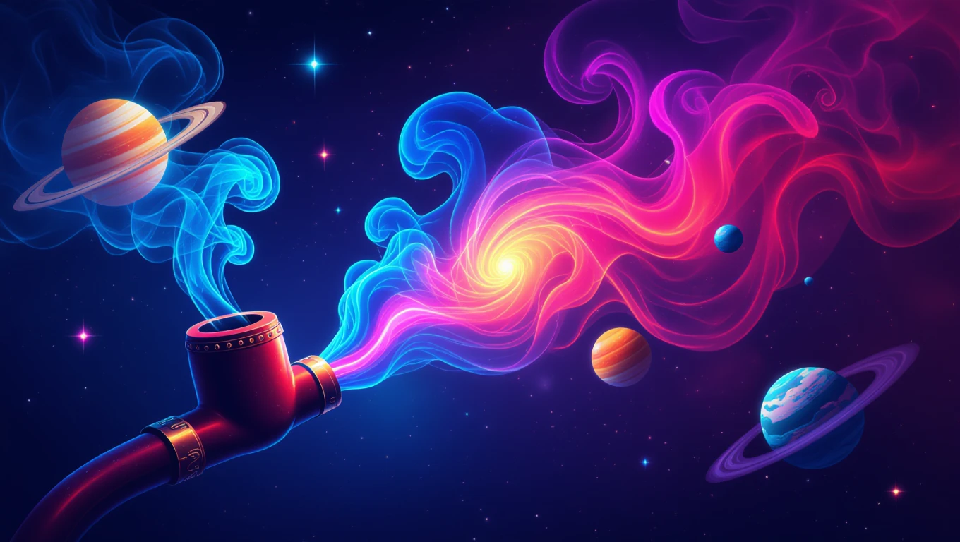 Színes füst áramlik egy pipából, bolygók között a galaxisban.