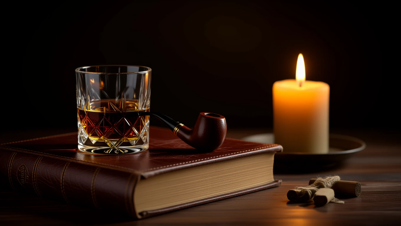 Egy pipa, egy pohár ital és egy gyertya egy könyv mellett, sötét háttérben.