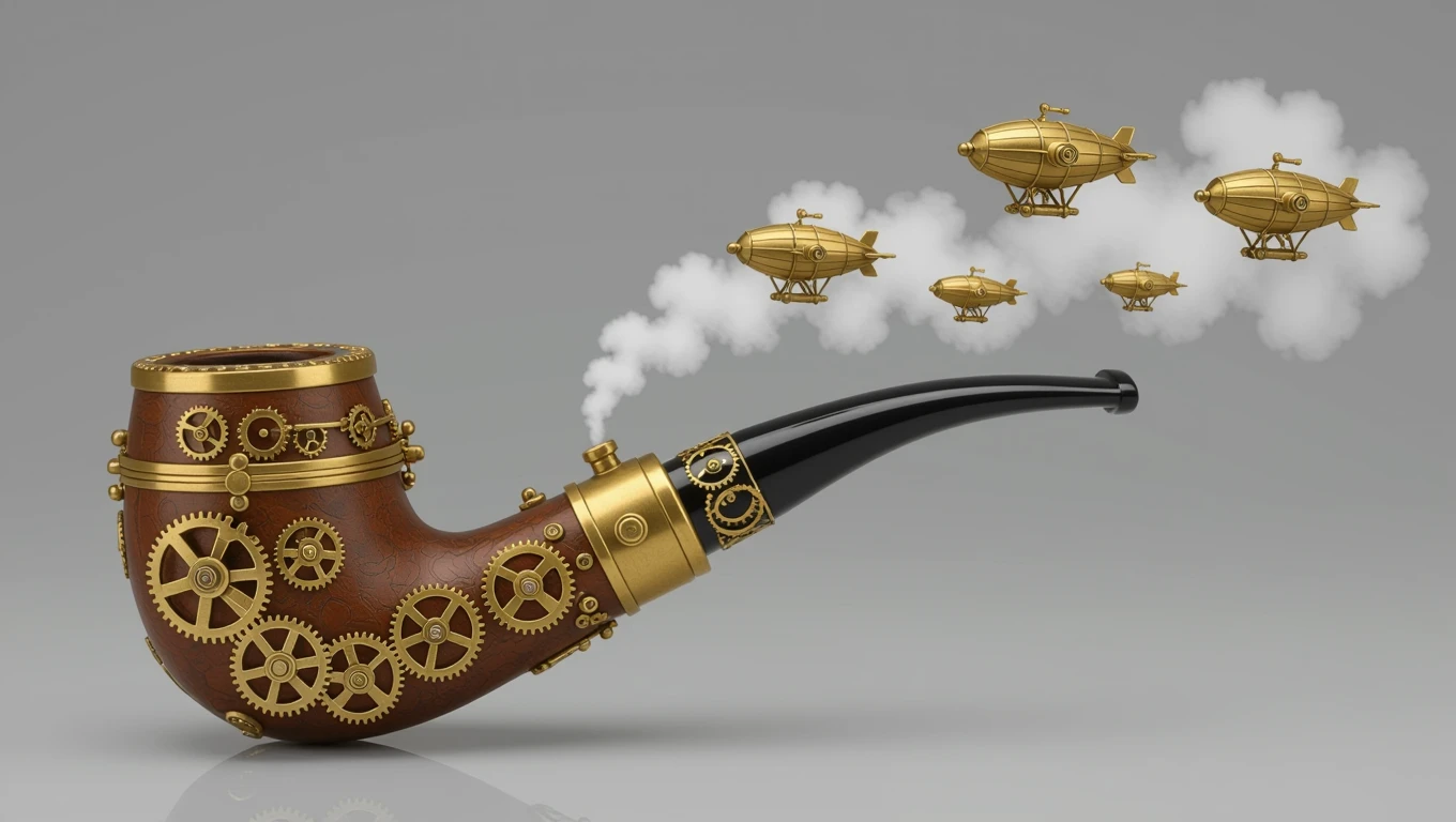 Egy díszes pipa, amelyből füst száll fel, és léghajók láthatók a háttérben.