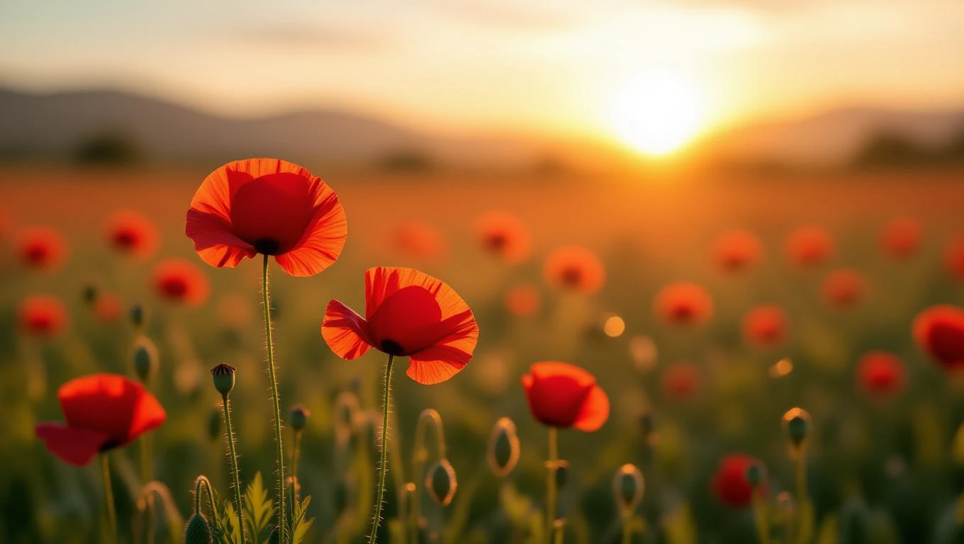 Mit jelent pipaccsal álmodni? – Részletes álomfejtés és értelmezés Pipacsok virágzanak a naplementében, szenvedélyes színeikkel ragyogva.