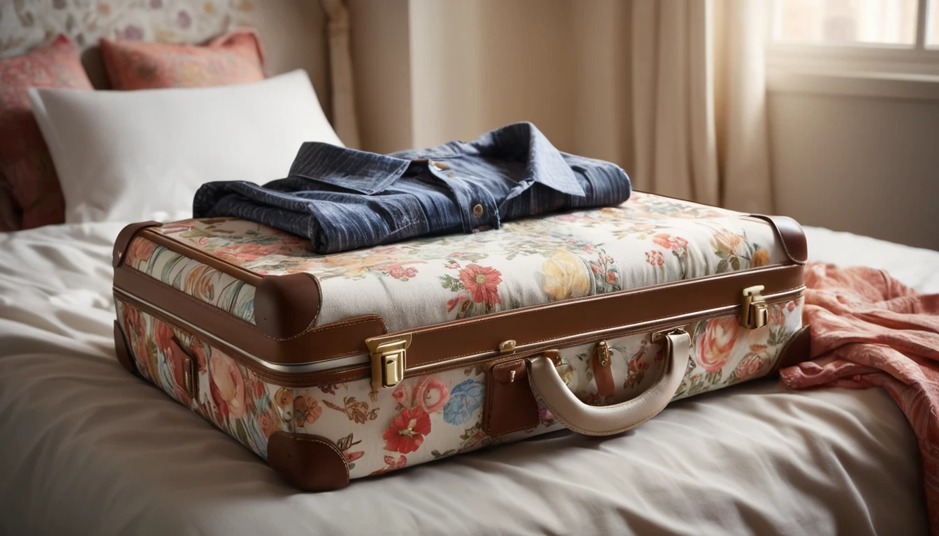 Egy virágmintás bőrönd, rajta egy kék ing, egy ágyon.