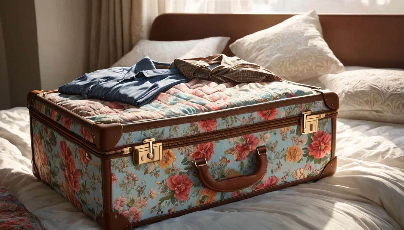 Egy virágmintás bőrönd, rajta összehajtogatott ruhák, napfényben.