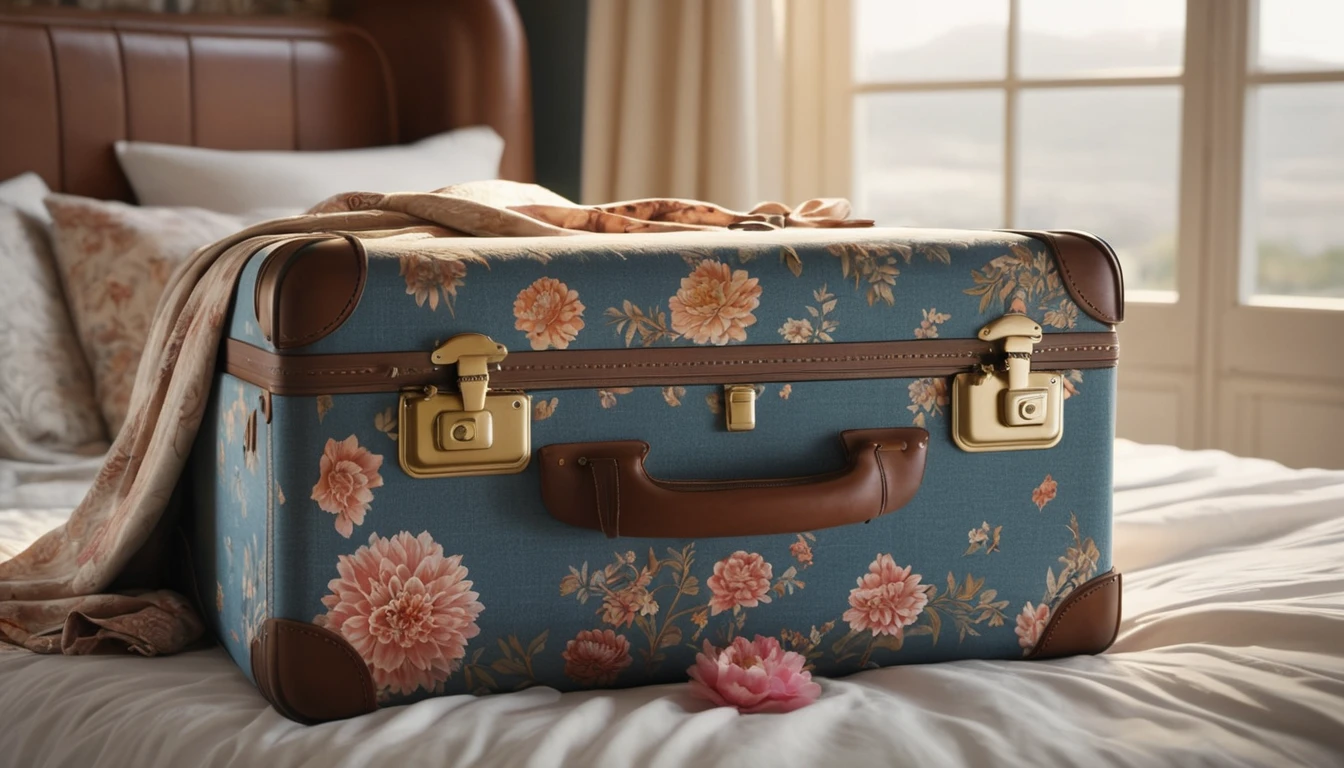 Egy virágmintás bőrönd fekszik egy ágyon, háttérben világos szoba.