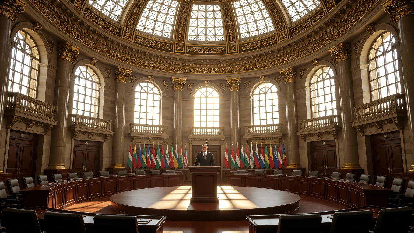 Egy politikai terem, ahol egy politikus beszédet mond a középpontban.