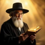 Egy rabbi olvas egy könyvet, bölcsességet és útmutatást sugallva.