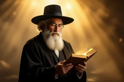 Egy rabbi olvas egy könyvet, bölcsességet és útmutatást sugallva.