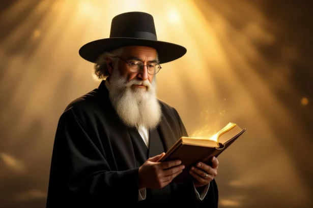 Egy rabbi olvas egy könyvet, bölcsességet és útmutatást sugallva.
