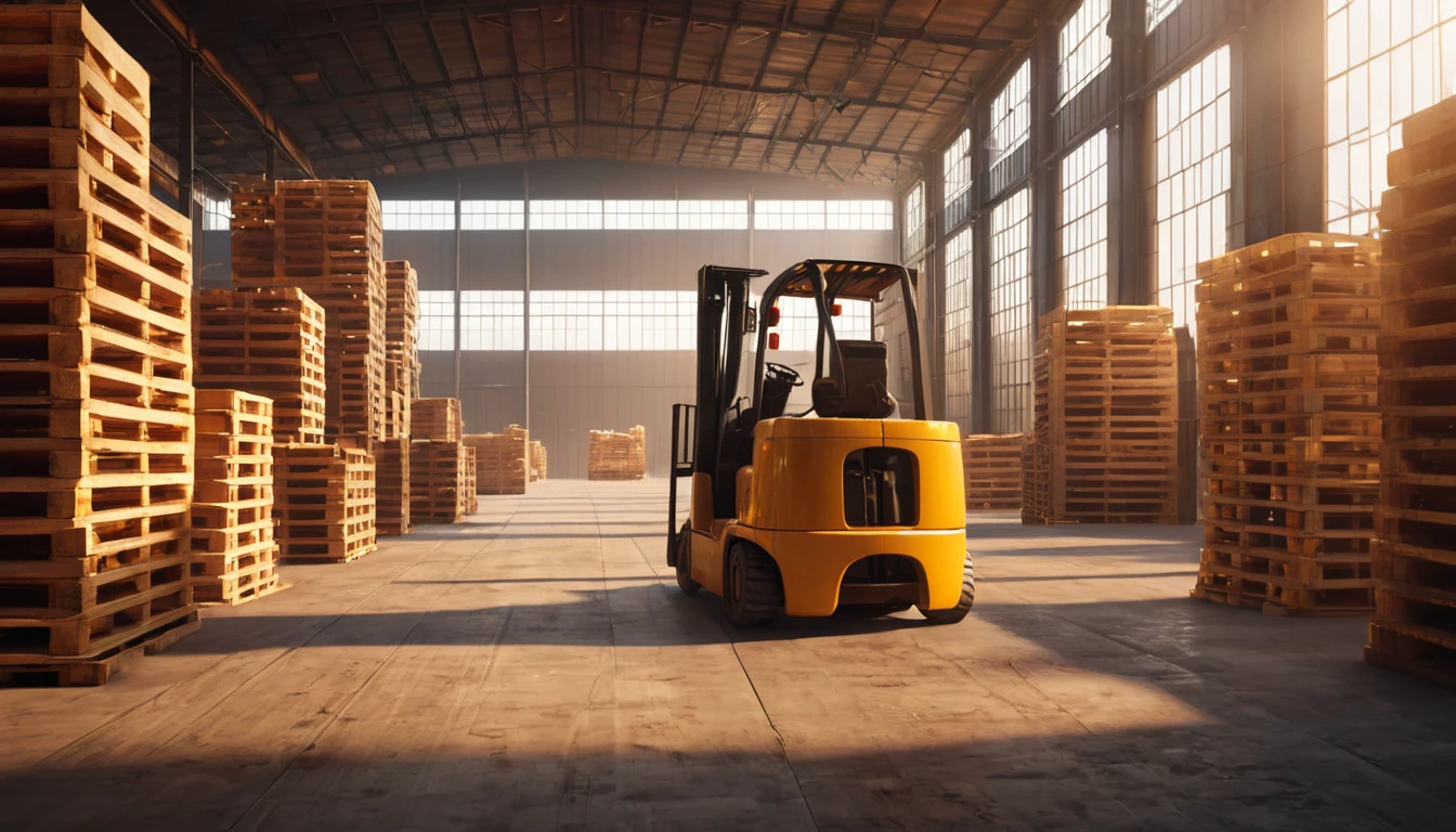 Egy raktár belseje raklapokkal és egy sárga targonca háttérben.