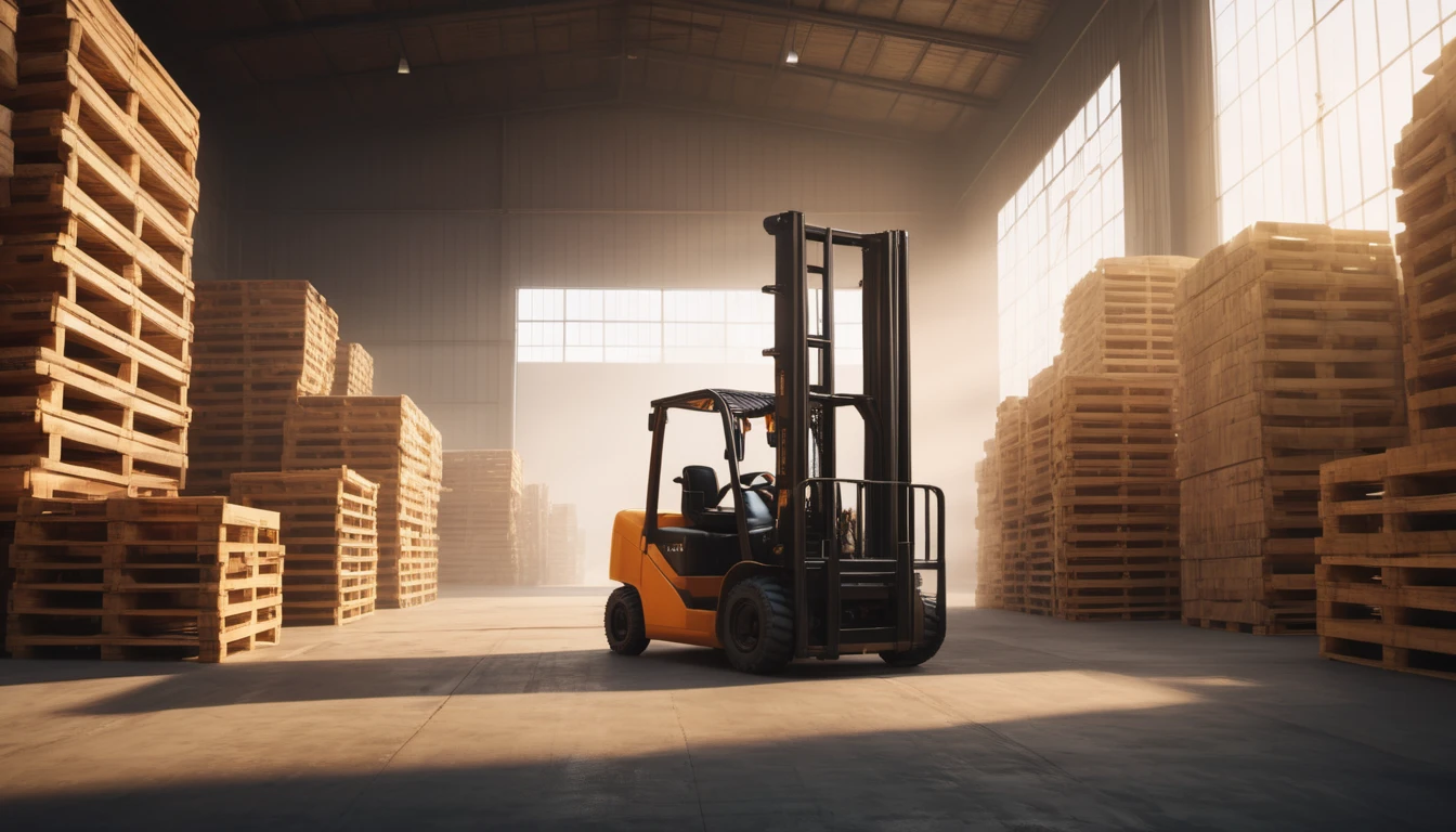 Egy raktárban raklapok sorakoznak, egy targonca áll előttük.